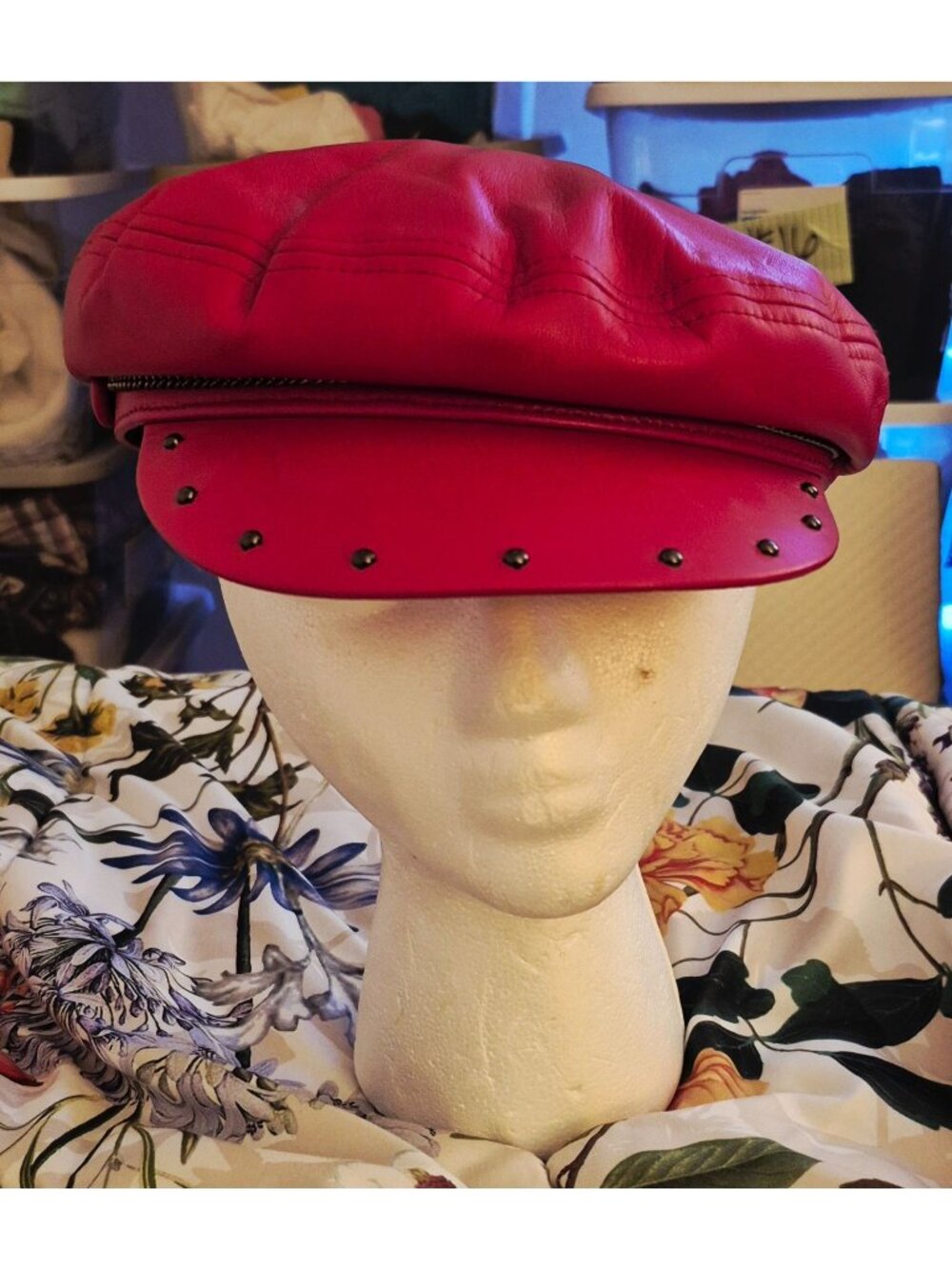Wyeth Red Faux Leather Newsboy Cap Dark Metal Chain Accent OS